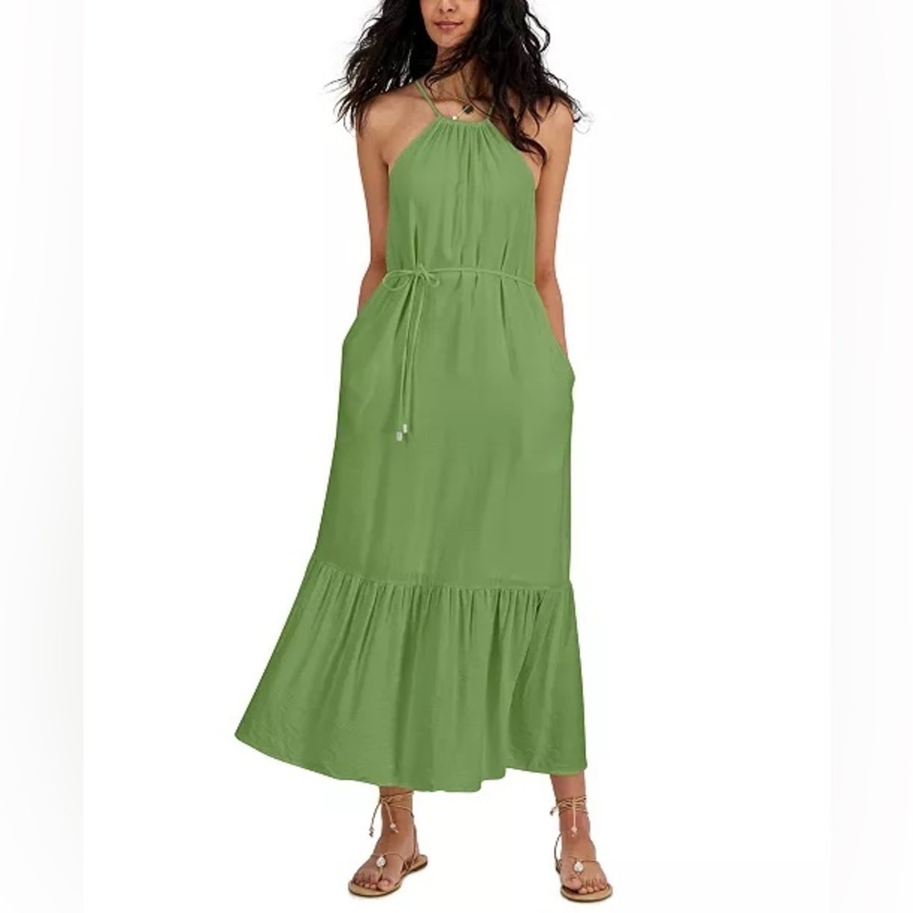 NEW halter Tiered Dress Olive green SMALL sleeveless Adjustable bohemian beach